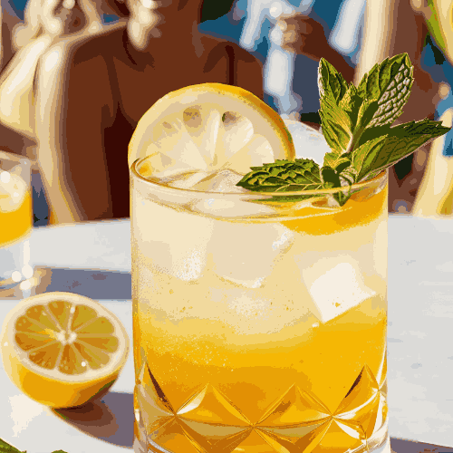 A refreshing Golden Honey Smash cocktail served over ice, garnished with a lemon wheel and mint sprig.