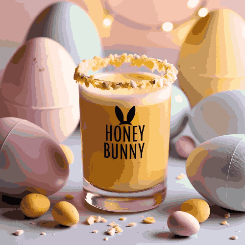 Shot glass of Honey Bunny cocktail garnished with crushed mini eggs and chocolate flakes, styled for Easter.