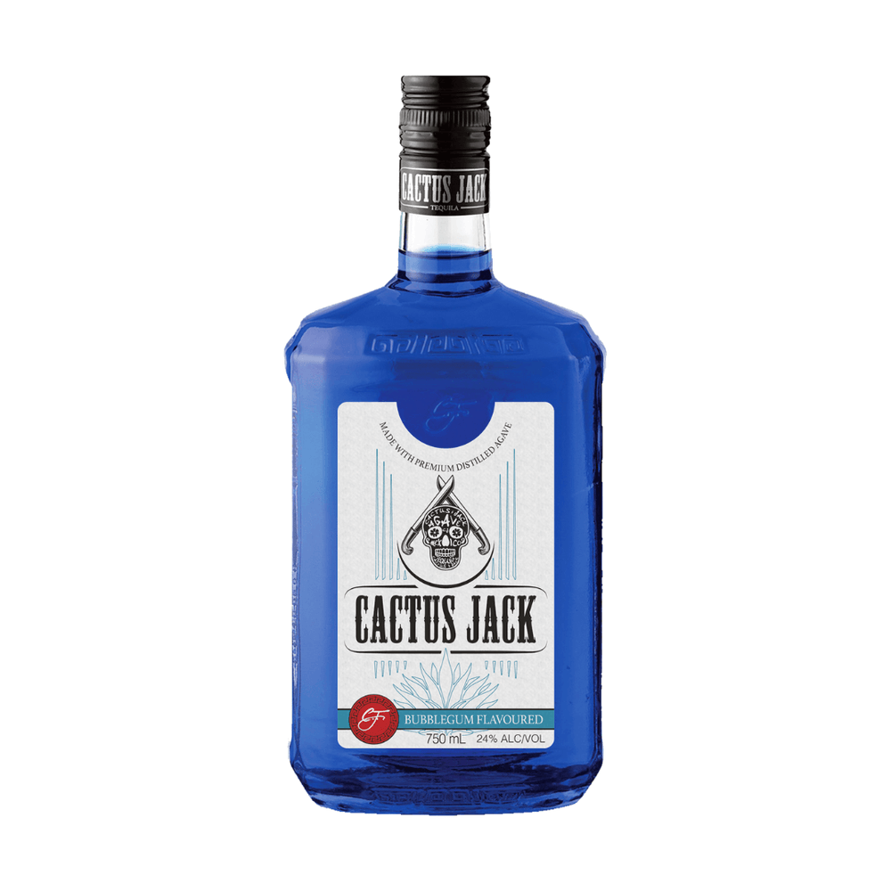 Cactus Jack Bubblegum Tequila 750ml bottle with blue packaging and alcohol content of 24%